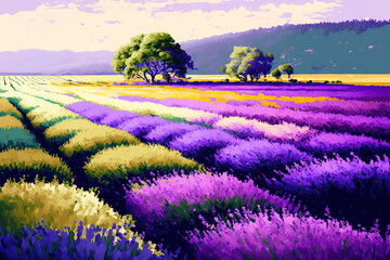 Fototapeta na wymiar Provence banner with fields of blooming lavender, hand drawn colorful vector illustration. Gardens of lavender flowers. Gen art