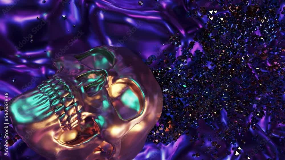 Poster purple background with a large skull. design. bubbles that envelop a large rotating skull in abstrac