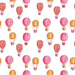 seamless pattern, air balloon with basket, pink pattern, air Transport, baby illustration, print for fabric, wrapping paper, 
