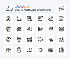 Shoping Retail And Video Game Elements 25 Line icon pack including marketplace. love. ecommerce. shopping. house