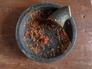 Sambal in a mortar typical of Indonesian food