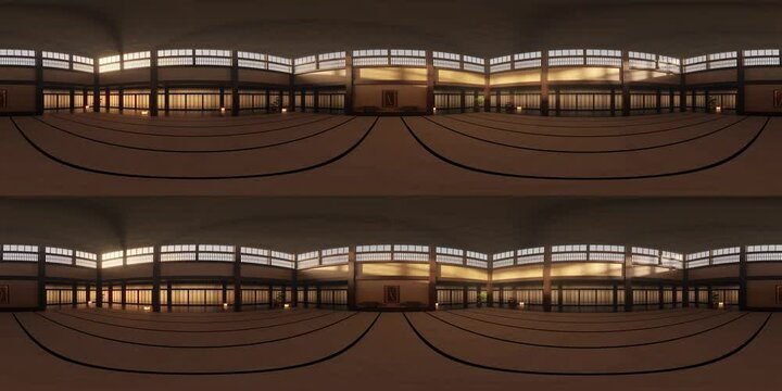 Traditional Japanese Karate Dojo. Empty, climatic 3D scene with animated day light. 3D rendered footage in 4k, 360 stereo, VR. Great footage to add some content in the middle of scene.
