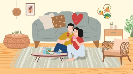 Young happy couple taking a selfie picture together in living room. Happy couple concept. Valentine's day design concept.