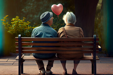 Altes verliebtes Pärchen mit Herzluftballon. Verliebte Menschen zu Valentinstag. Generative Ai - obrazy, fototapety, plakaty