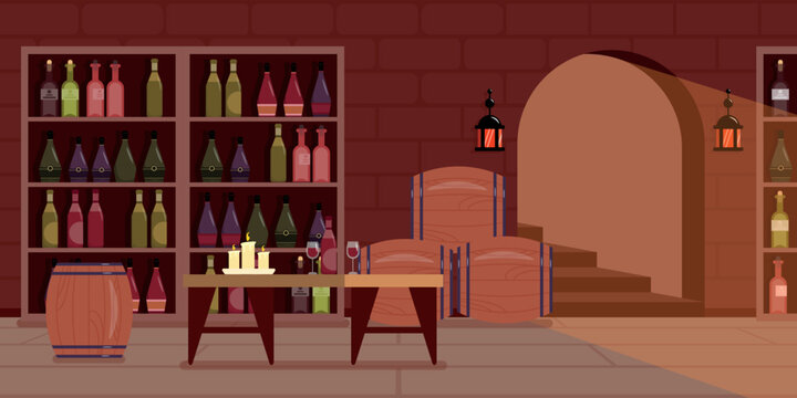 Vector illustration of a modern interior wine cellar. Cartoon interior with table, glasses with wine, candles, barrels, shelves with different bottles of wine.