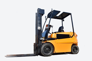 Forklift isolated on white. Warehouse forklift for unloading and loading cargo. Forklift loader for unloading and loading freight semi truck trailer and for warehouse work.