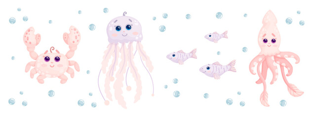 Set of cute sea creatures.Cartoon vector graphics.