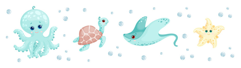 Set of cartoon sea animals. Starfish, octopus, turtle, stingray. Vector graphics.