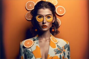 Shoot of a beautiful fashionable female model wearing a trendy summer fruity orange outfit. Young fair-skinned white girl posing outdoors for fashion photography.