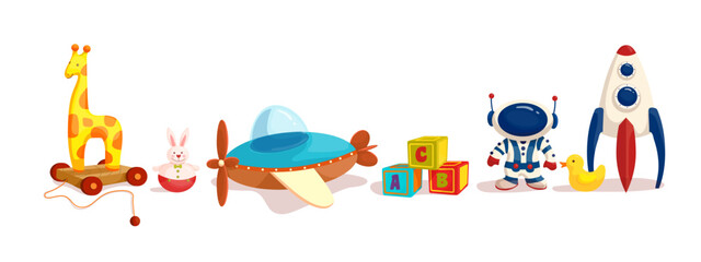 Set of colorful children's toys. Cartoon vector graphics.