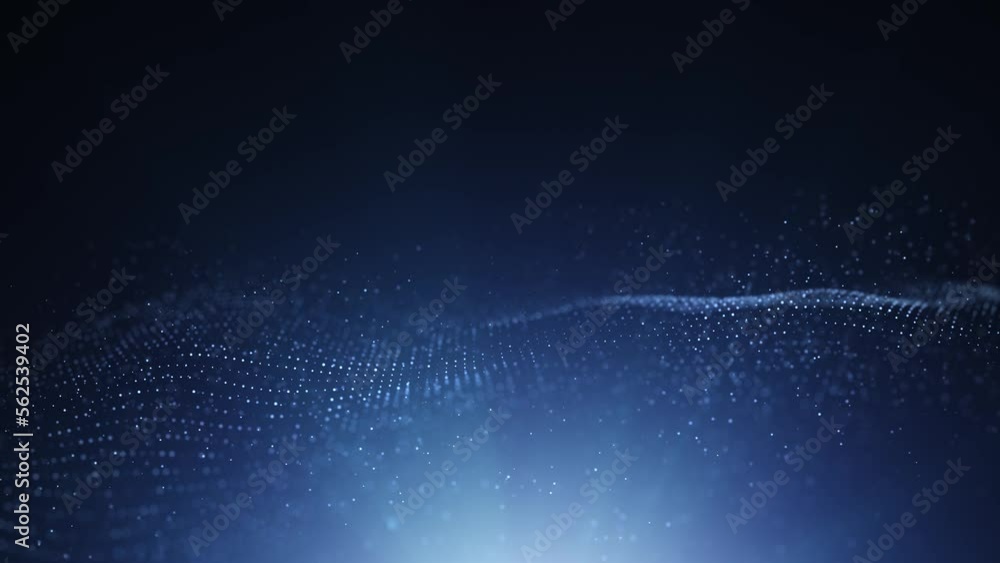 Poster Abstract slow motion digital technology glowing dots seamless looping slow motion background. Copy space animation on shine dark blue background.