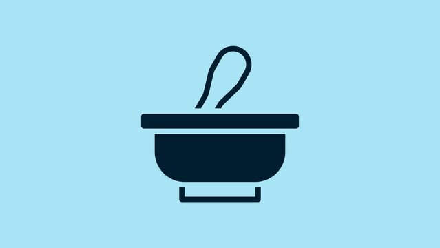 Blue Mortar and pestle icon isolated on blue background. 4K Video motion graphic animation