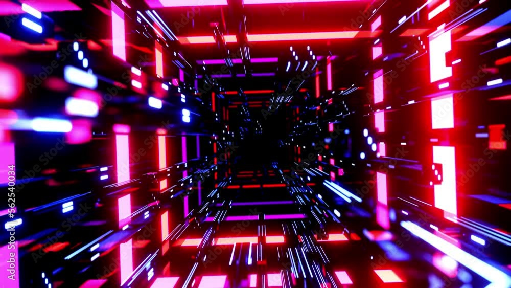 Poster flight through hi-tech technology tunnel with camera shake. neon light, sci-fi constructions, myster