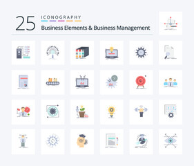 Fototapeta na wymiar Business Elements And Business Managment 25 Flat Color icon pack including idea. laptop. network. matrix. cube