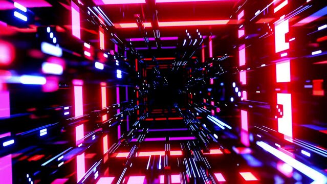 flight through hi-tech technology tunnel with camera shake. Neon light, sci-fi constructions, mysterious 3d objects. Fly through technology cyberspace. 3d almost looped 4k bg. Mirror reflection