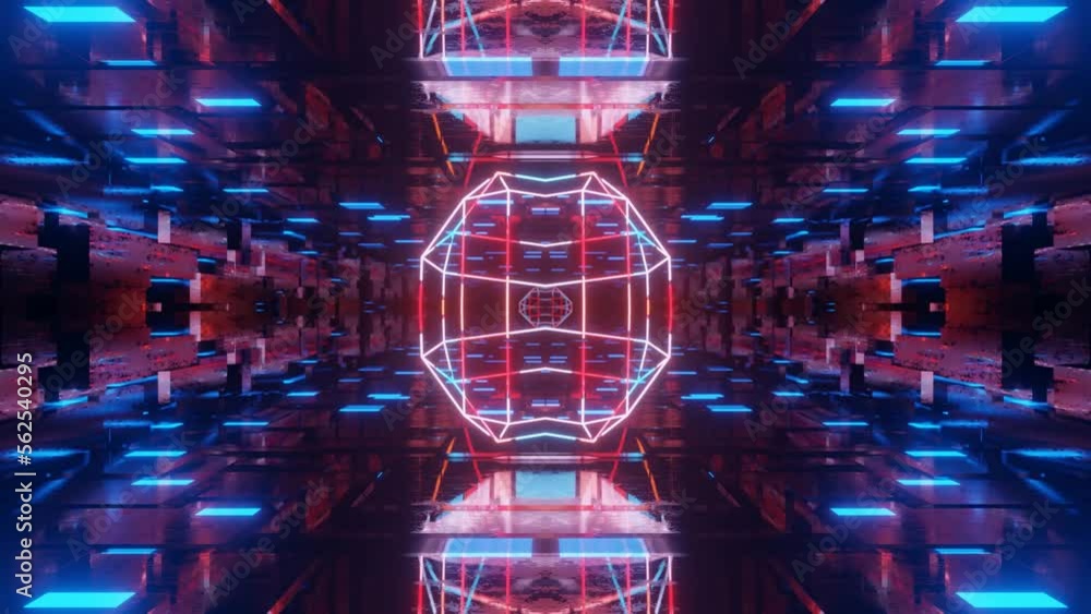 Poster symmetrical 3d object or structure rotates and moves inside glass mirror tunnel with neon light, bri