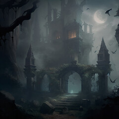 The surroundings of a gloomy Gothic castle in the fog. High quality illustration