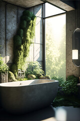 Modern bathroom interior with concrete and living wall. Minimalist brutalist design. Designed using generative ai.