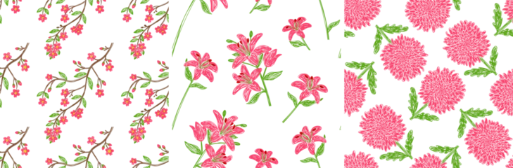 Glasschilderij Tropische planten Floral vector seamless pattern set. Sakura, Lily and Chrysanthemum. Pen or marker flowers sketch illustrations. Hand drawn natural pencil drawing