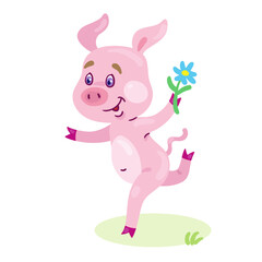 Funny little piglet runs with a flower in his hand. In cartoon style. Isolated on white background. Vector flat illustration