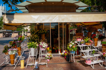 Flower bouquet and decoration plants  in flower shop in the city