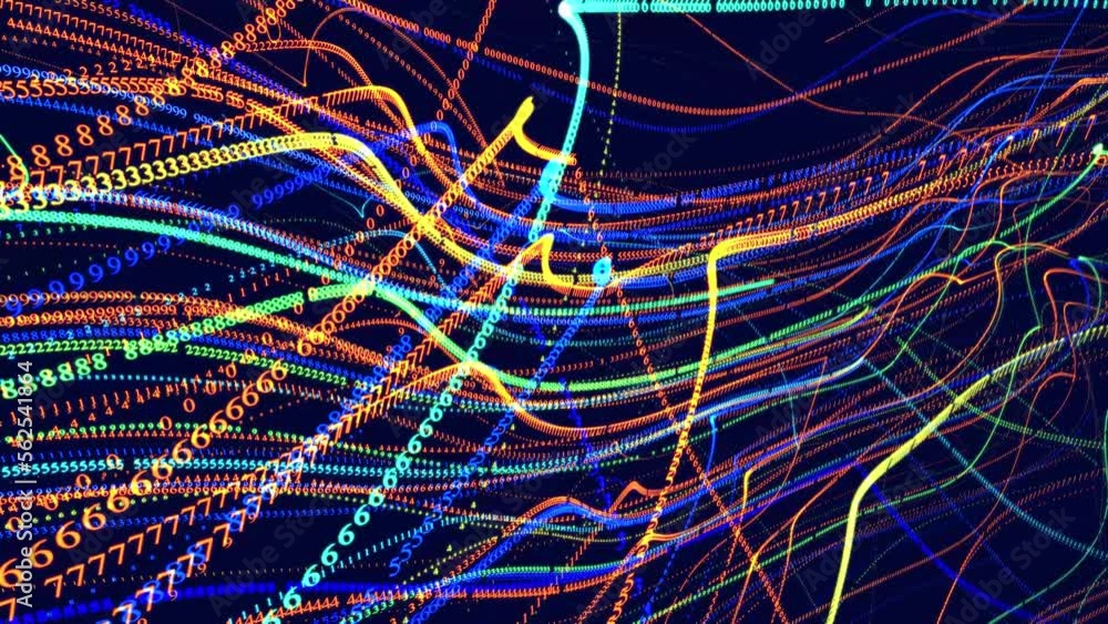 Poster digital waves. vj loop hologram abstract bg. symbols form lines, grid, strings. information concept.
