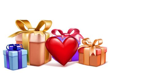 Valentine's Day illustration with colored gift boxes and red heart on white background