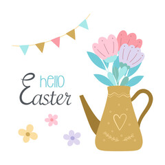 easter greeting card with flowers, flat style