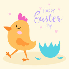 easter greeting card with cute chicken, flat style