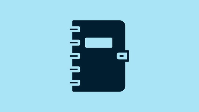 Blue Notebook icon isolated on blue background. Spiral notepad icon. School notebook. Writing pad. Diary for school. 4K Video motion graphic animation