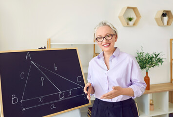 Portrait of a happy math teacher in the school classroom. Beautiful elegant middle aged woman in a...