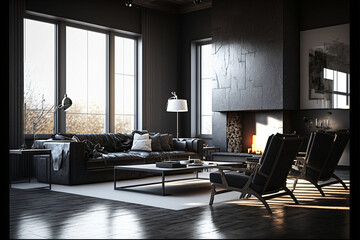 Fototapeta premium Highly detailed modern design living room with fireplace and black walls. Designed using generative ai