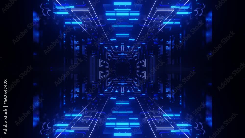 Poster glow sci fi symmetrical construction. vj loop trendy neon tunnel. hi tech neon tunel. sci-fi flight 