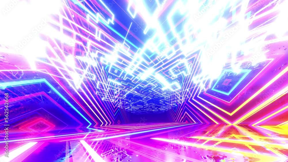 Poster hologram pattern. flight through hi-tech technology tunnel with camera shake. neon light, sci-fi con
