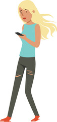 Teen girl walking with smartphone in hand. Cartoon character