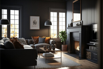 Fototapeta premium Highly detailed modern design living room with fireplace and black walls. Designed using generative ai