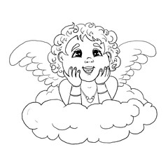 Cute cupid on a cloud doodle art. Outline little angel or god eros on cloud. Cute amur baby, heart hunter romantic character. Design for coloring page, Valentines day, cards