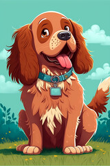 Cute dog in a meadow illustration, cartoon illustration of a dog, love your pet day background illustration 