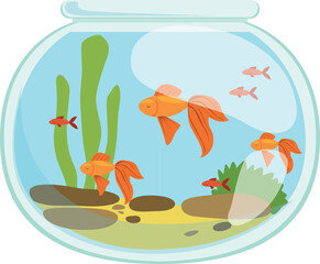 Aquarium with swimming fishes. Glass tank cartoon icon