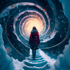 An illustration of a woman staring up into the infinite snow tunnel