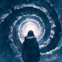 An illustration of a woman staring up into the infinite snow tunnel