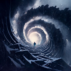 An illustration of a person staring up into the infinite snow tunnel