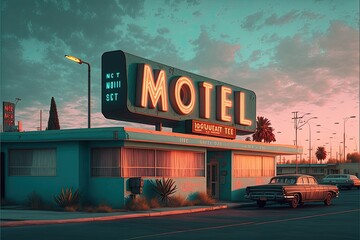 motel in the sunset , ai generated - obrazy, fototapety, plakaty