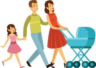 Happy parents walking with little girl and baby carriage