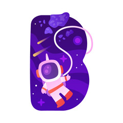 Space Letter B as Font and Alphabet Capital Bold Figure with Astronaut Vector Illustration