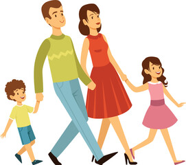 Walking parents with kids. Cartoon family characters