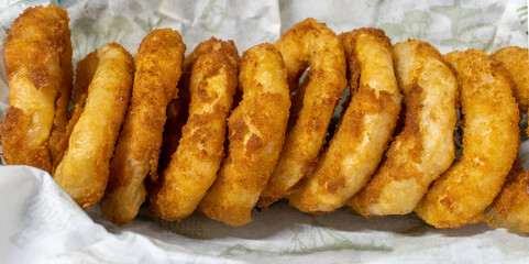 Fried onion rings on plate