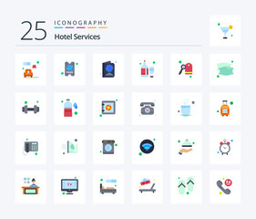 Hotel Services 25 Flat Color icon pack including dream. key. ticket. hotel. wine