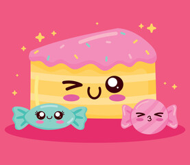 sweet cake and candies kawaii