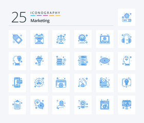 Marketing 25 Blue Color icon pack including play. laptop. balance. ads. chart